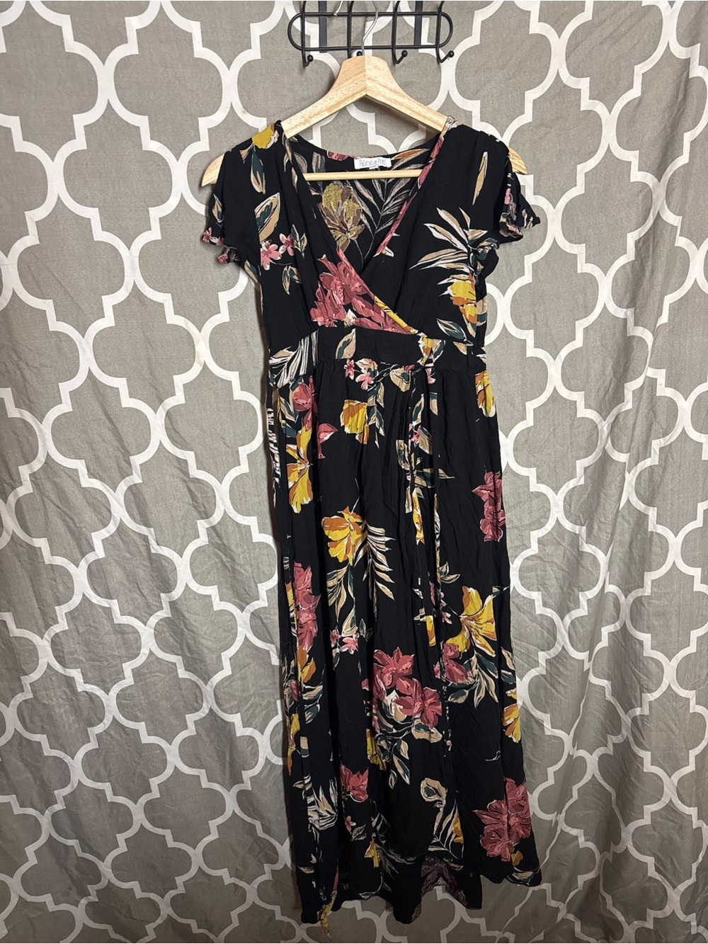Patrons of Peace Black Floral Boho Maxi Dress Wrap V-Neck Size S